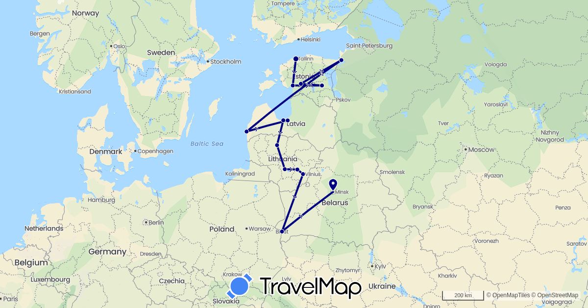 TravelMap itinerary: driving in Belarus, Estonia, Lithuania, Latvia (Europe)
